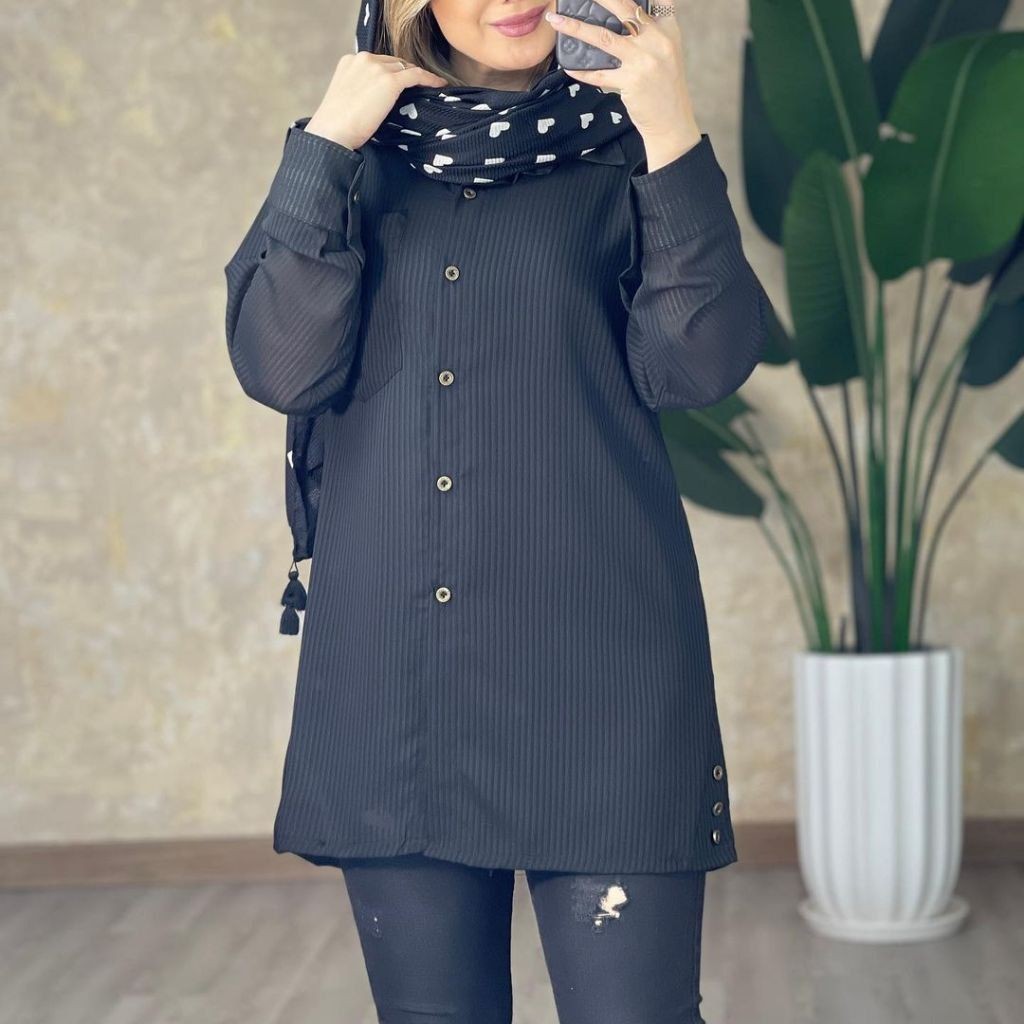 شومیز مانتویی زنانه حریر میله ای رنگ مشکی