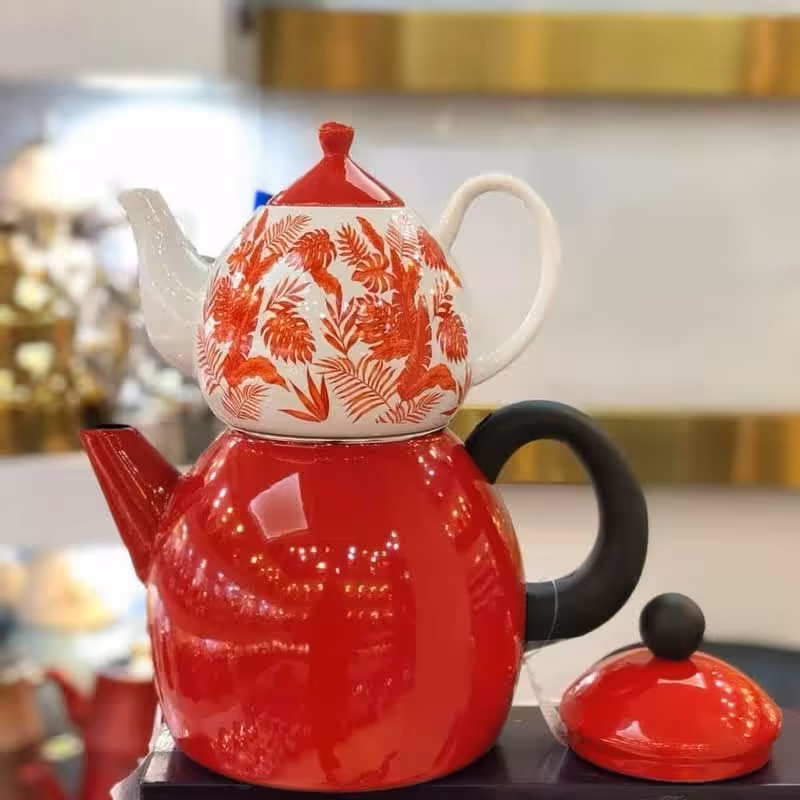 کتری لعابی طرح تایلندی رنگ قرمز