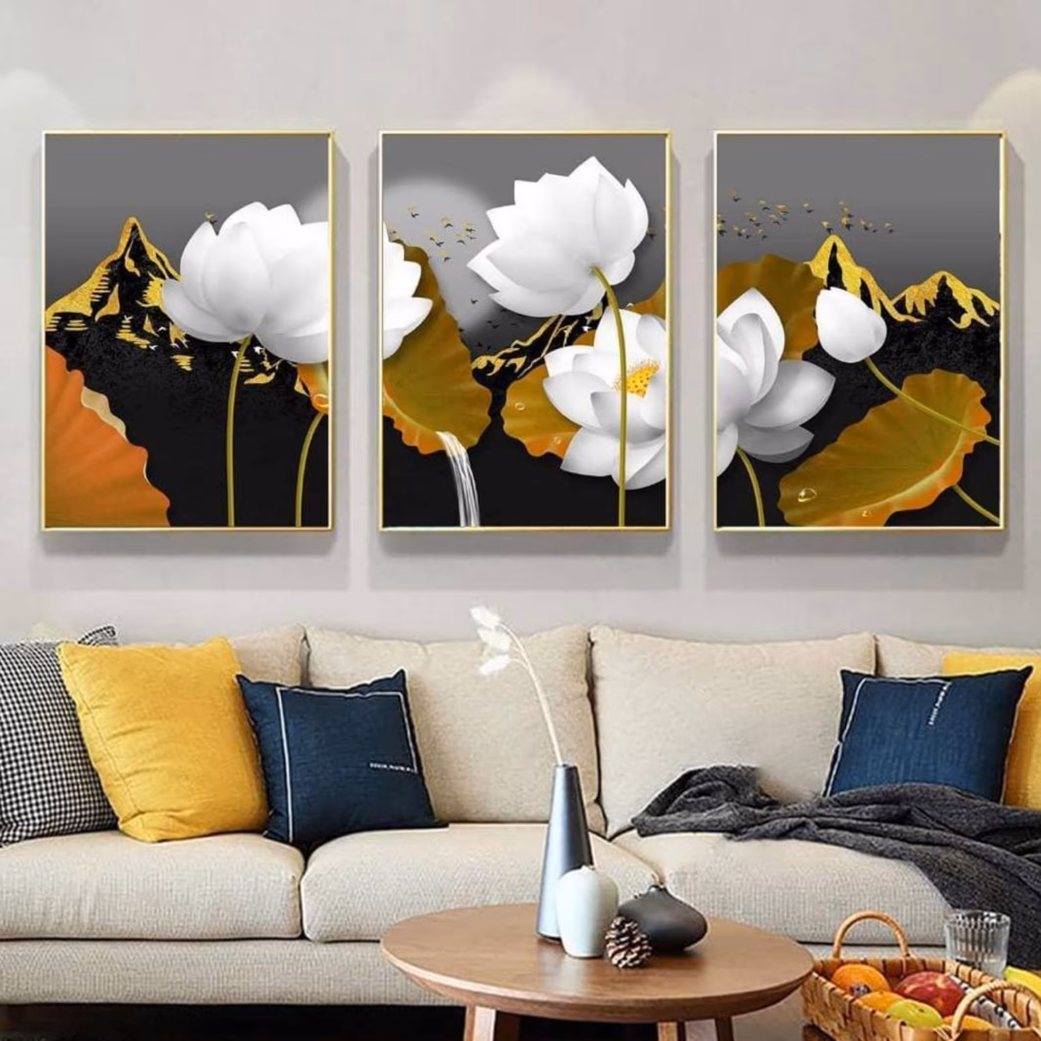 تابلو دکوراتیو 3تیکه طرح گلهای سفید و زرد
