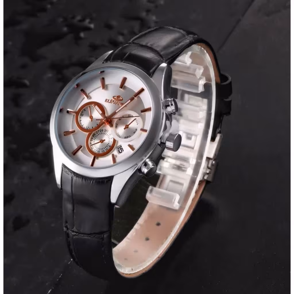ساعت بند چرم الگانس زنانه موتور ژاپن قاب پشت استیل(Elegance )