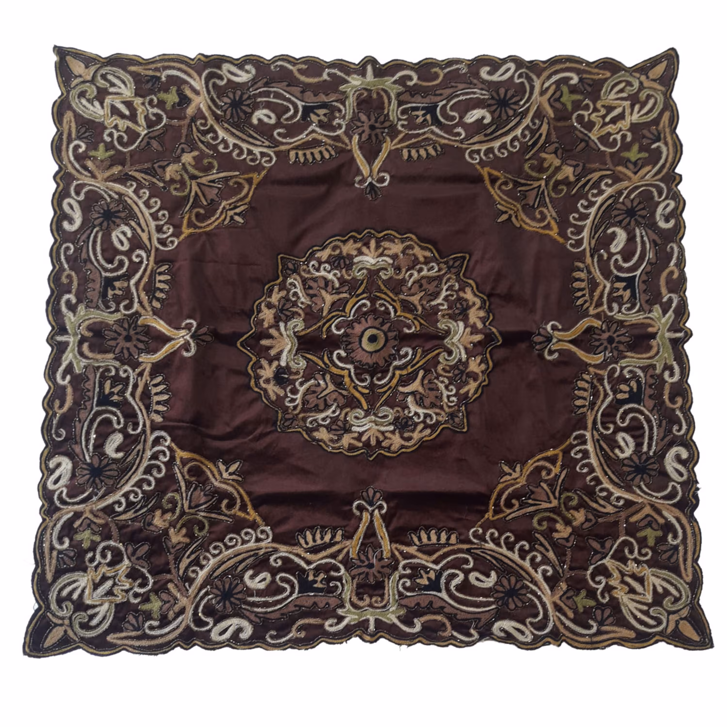 رومیزی هندی مخمل کاموادوزی قهوه ای (کد40063)