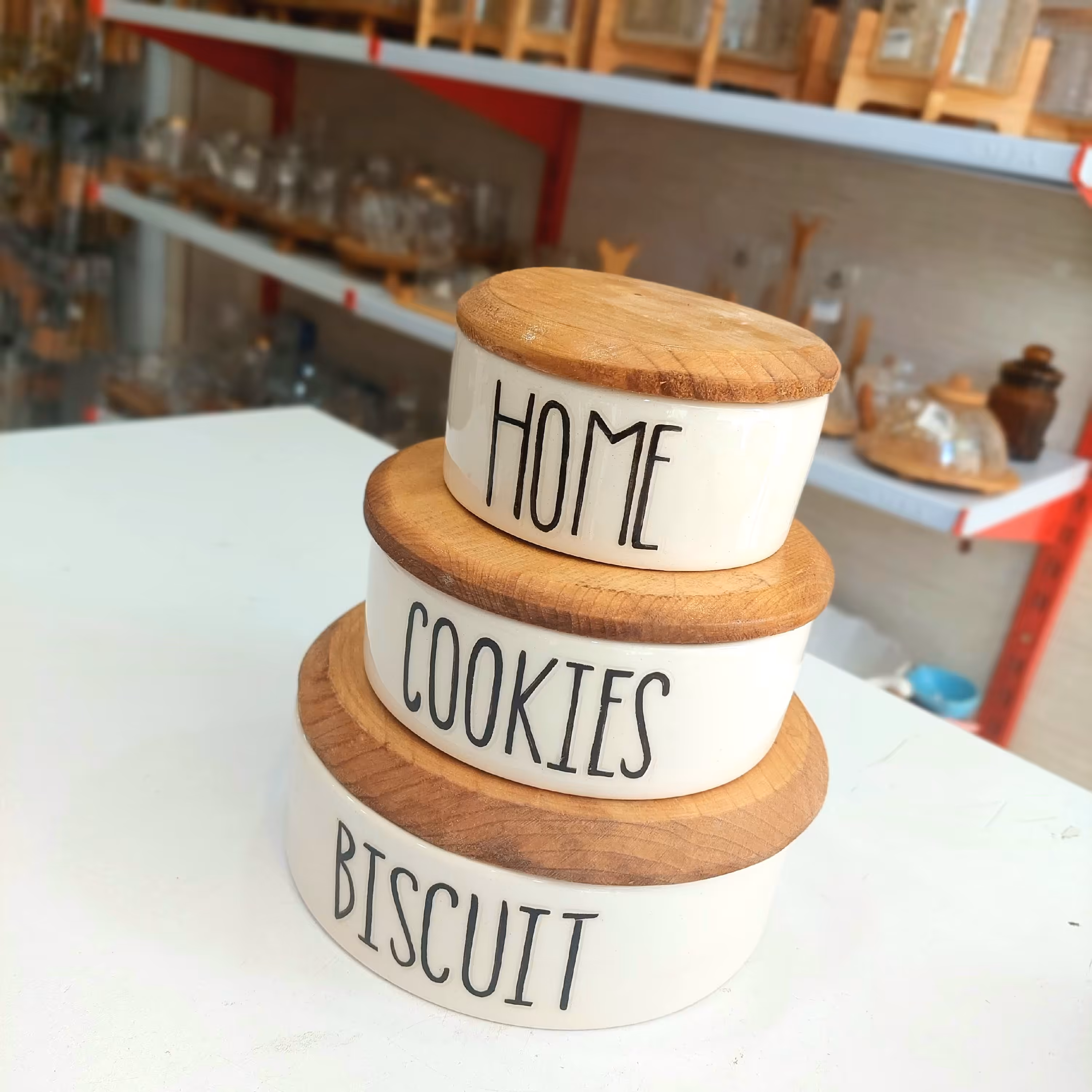 شکلات خوری و بیسکوییت خوری و کندی سرامیکی درب چوبی تکست نوشته دار