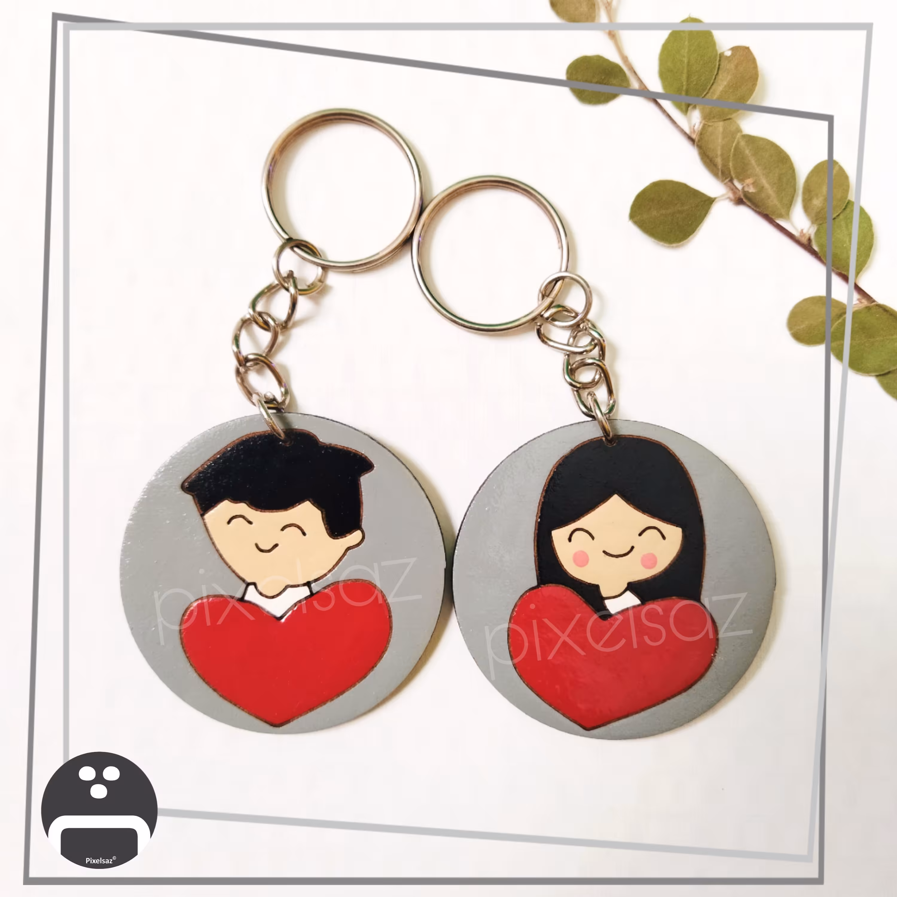 ست دو عددی جاسوئیچی طرح  زوج پیکسل ساز/جنس چوبی و نقاشی شده/مناسب برای آویز کلید