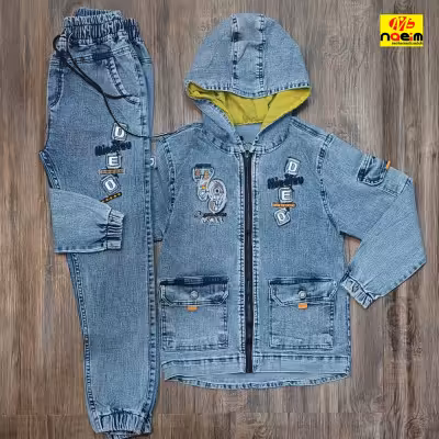 ست دو تیکه لی کت اسپرت کلاه دار شلوار اسلش طرح دار آبی دودی سایز 90 95