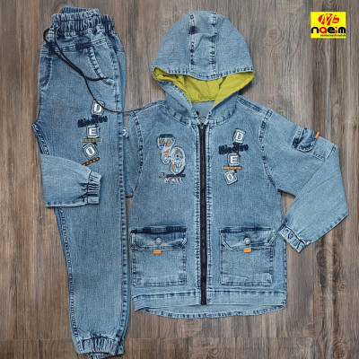 ست دو تیکه لی کت اسپرت کلاه دار شلوار اسلش طرح دار آبی دودی سایز 90 95