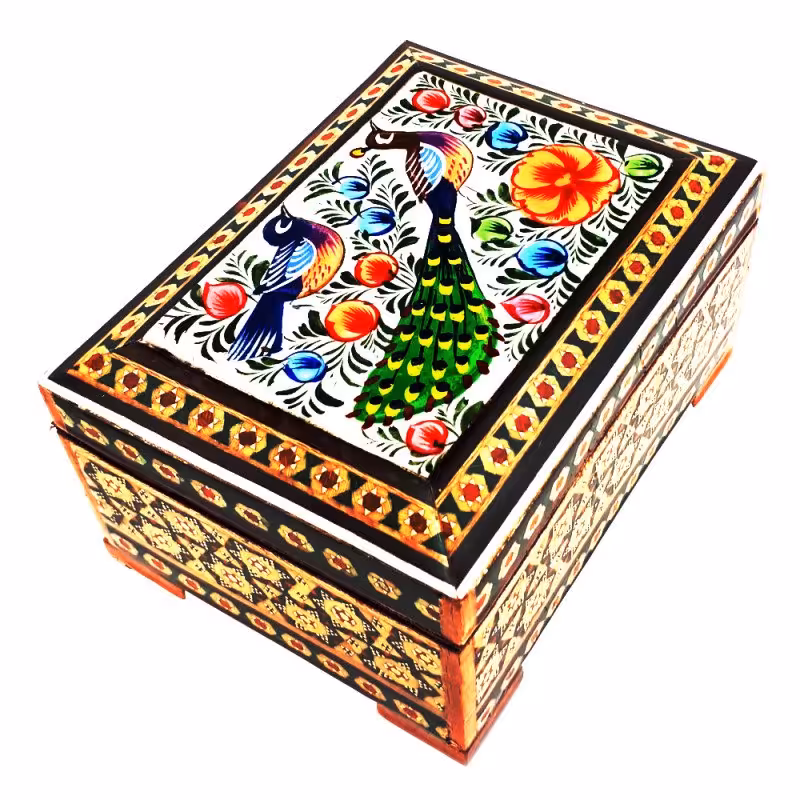 جعبه جواهر خاتم کاری مدل گل و مرغ سایز 9در13 سانت