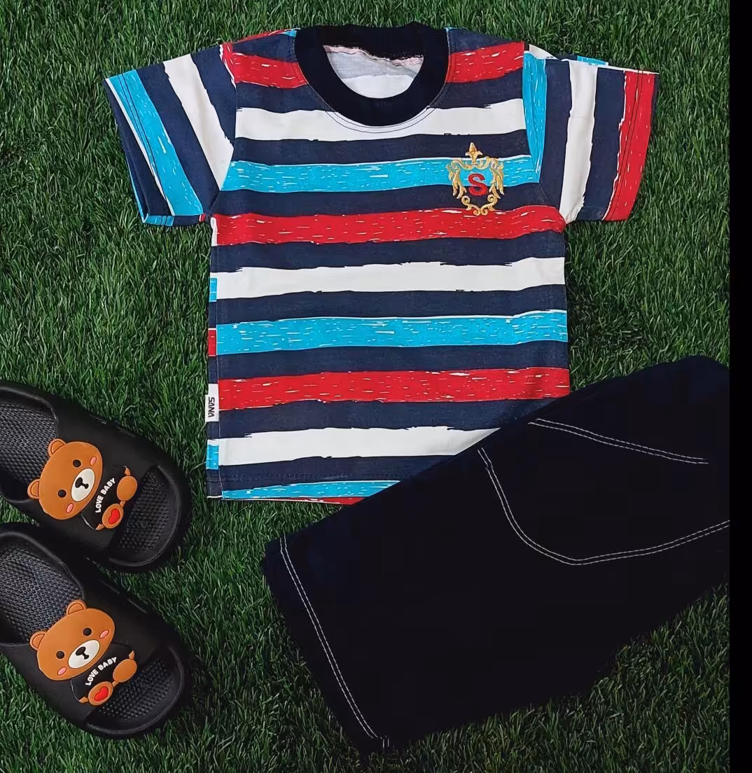 لباس پسرانه (تیشرت و شلوارک) طرح راه راه