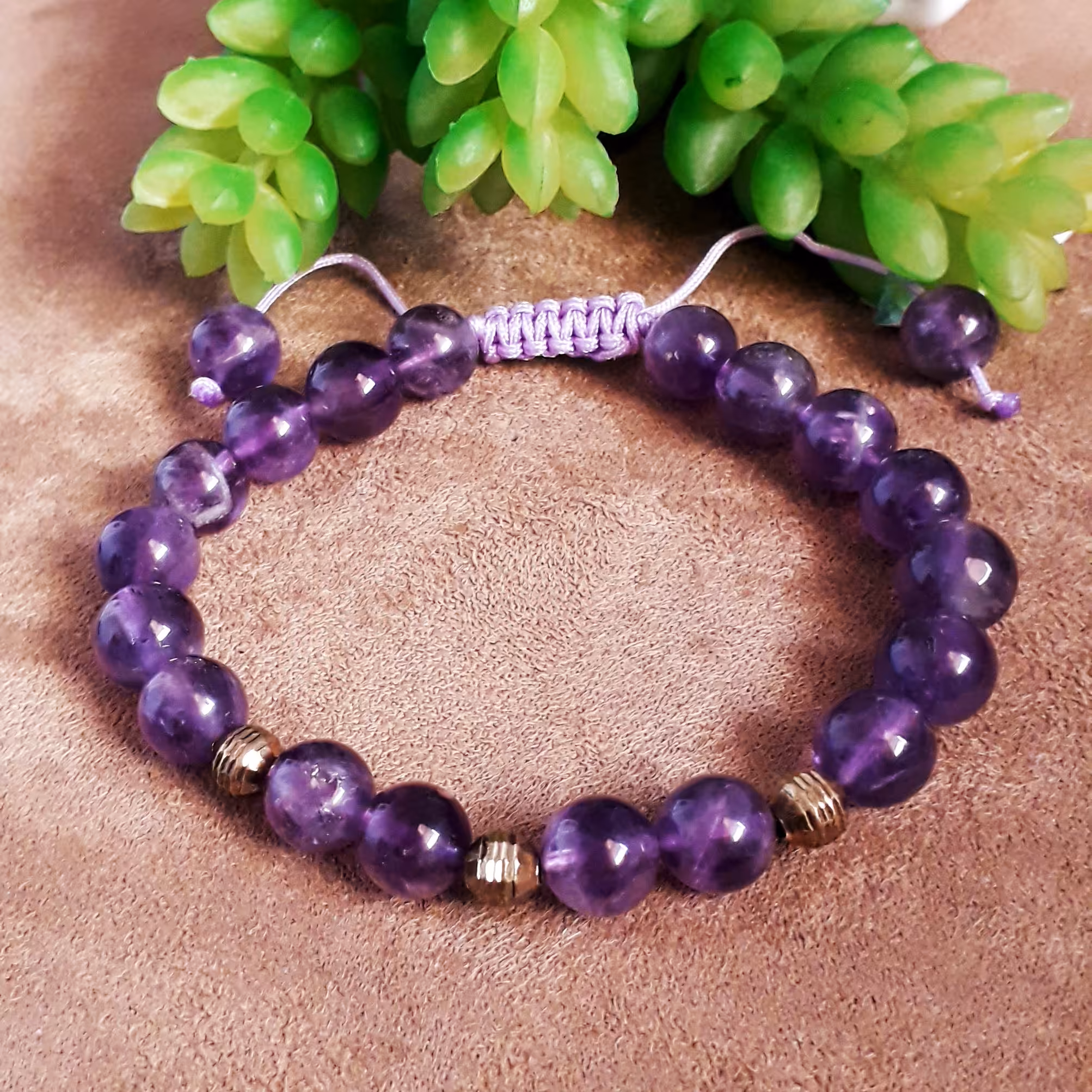 دستبند زیبای سنگ آمیتیست اصل بنفش با گوی های نقره