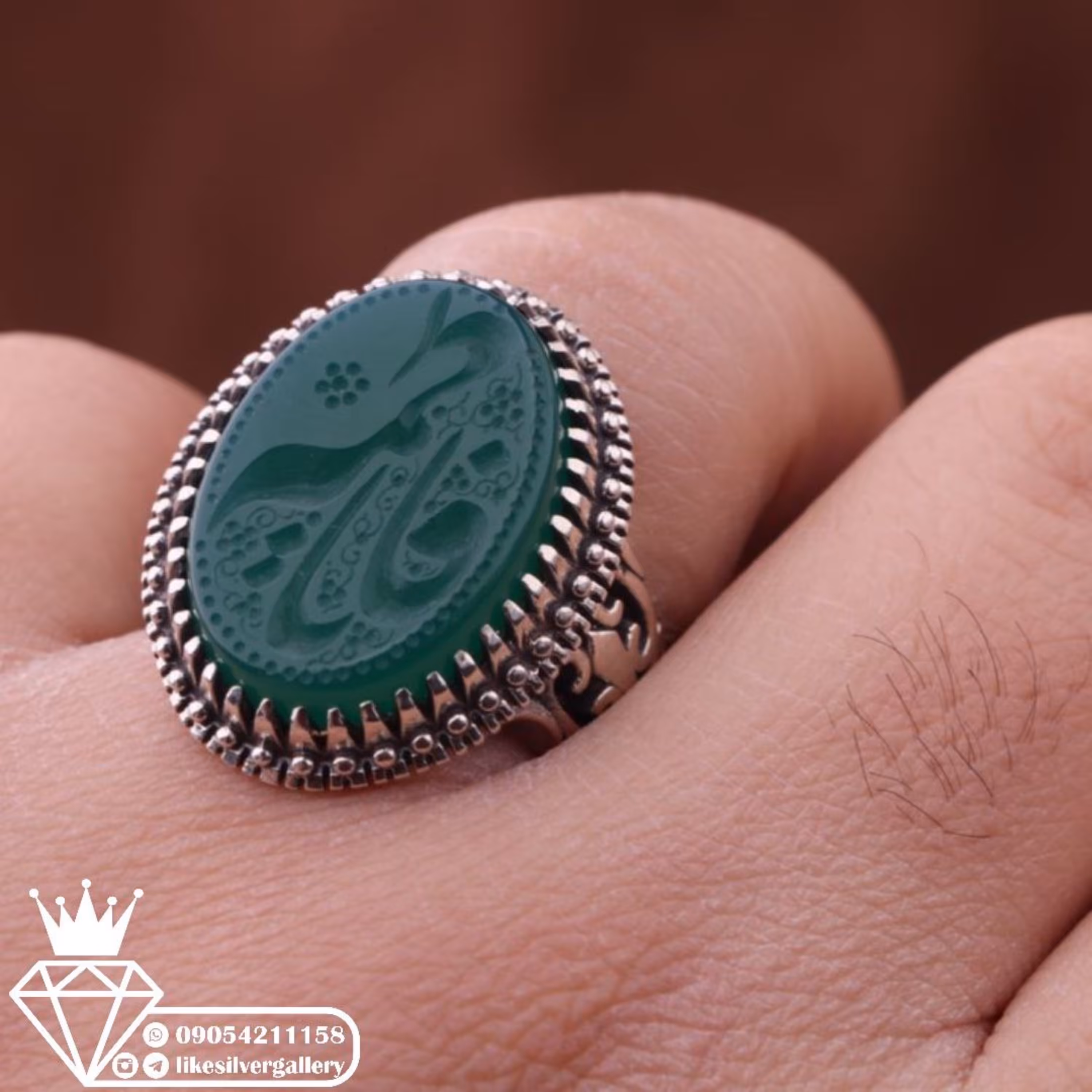 انگشترعقیق سبز نقش یا فاطمه وزن 19.17 گرم( انگشتر نقره مردانه) ارسال رایگان