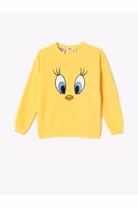 سویشرت زرد زنانه Tweety Sweatshirt دارای مجوز یقه خدمه برجسته Koton