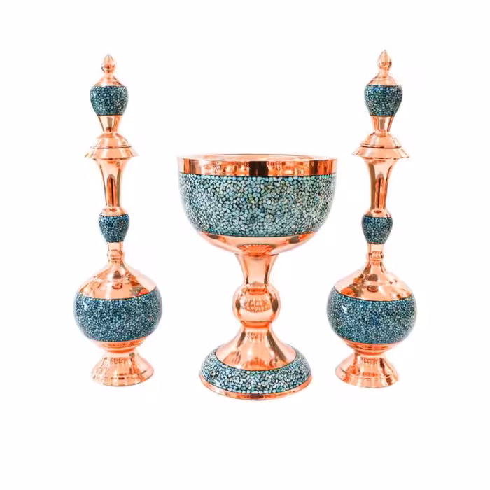 ست سه تکه تنگ گیلاسی یا تنگ شاهی و سنگ آب مس و فیروزه کوبی نیشابور سنگاب فیروزه صنایع دستی سایروس 