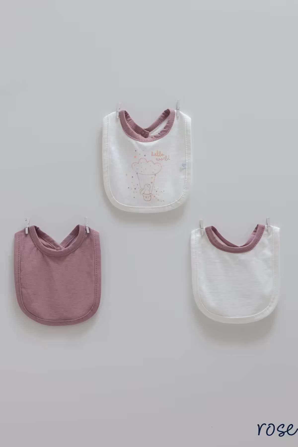 پوشک پیشبند 3 تکه 100% پنبه طبیعی موضوع گل رز گرد و خاکی Hello World Caramell