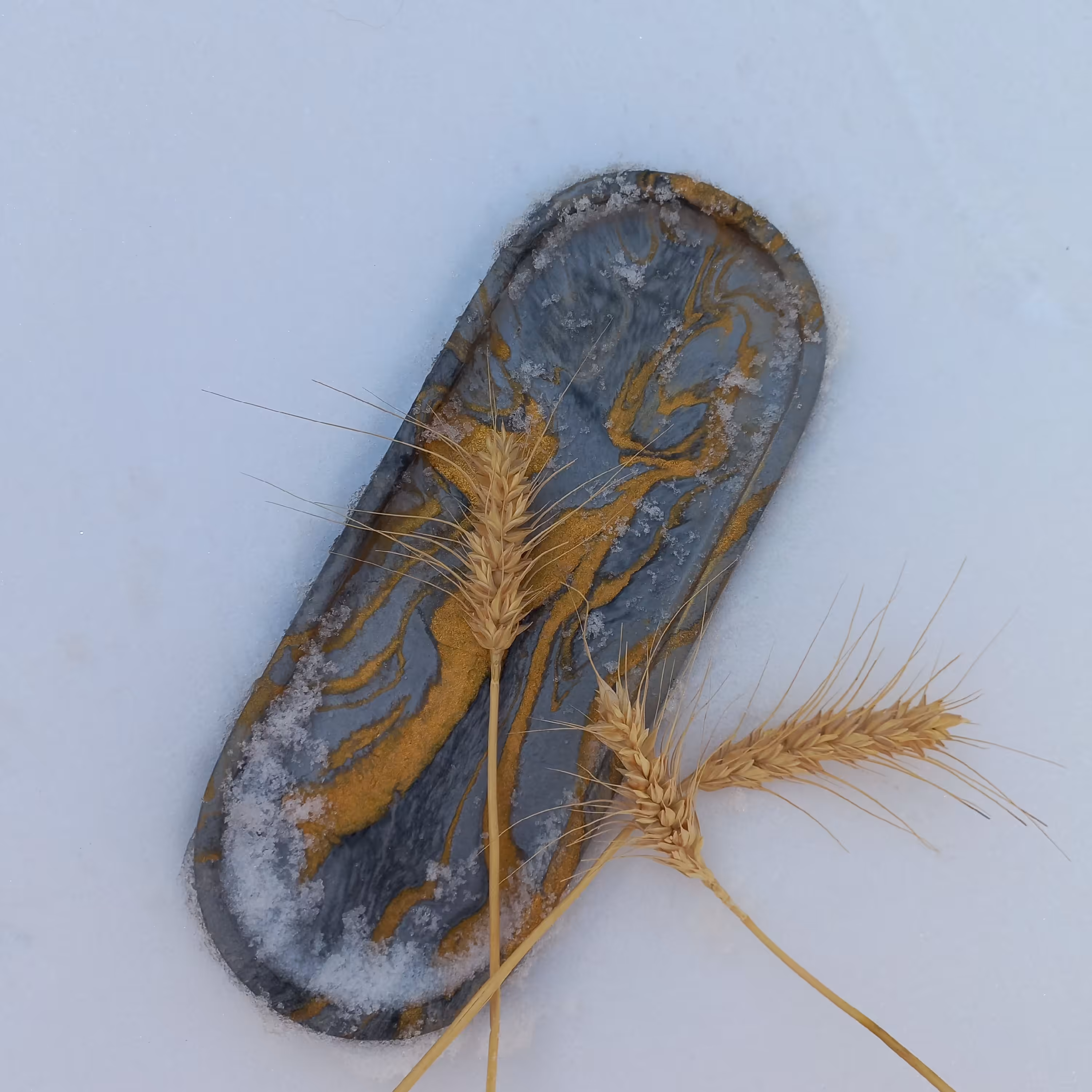 سینی یاپیش دستی بیضی طوسی طلایی 