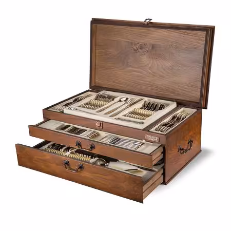 سرویس قاشق و چنگال 12 نفره ناب استیل طرح امپریال طلایی (124 پارچه) بعلاوه کنسول چوبی