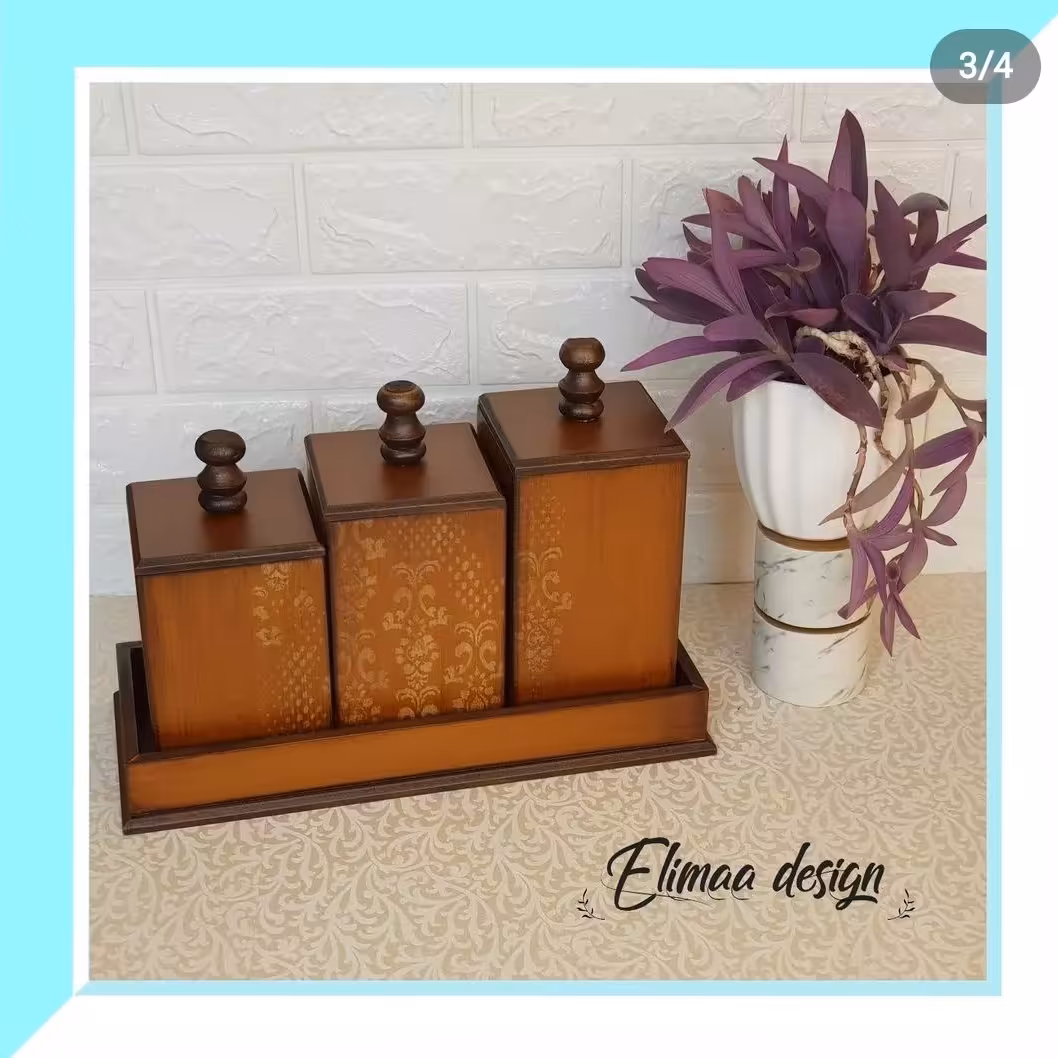 بانکه و پاسماوری 3 تایی به همراه سینی به رنگ گردویی با طرح ترنج