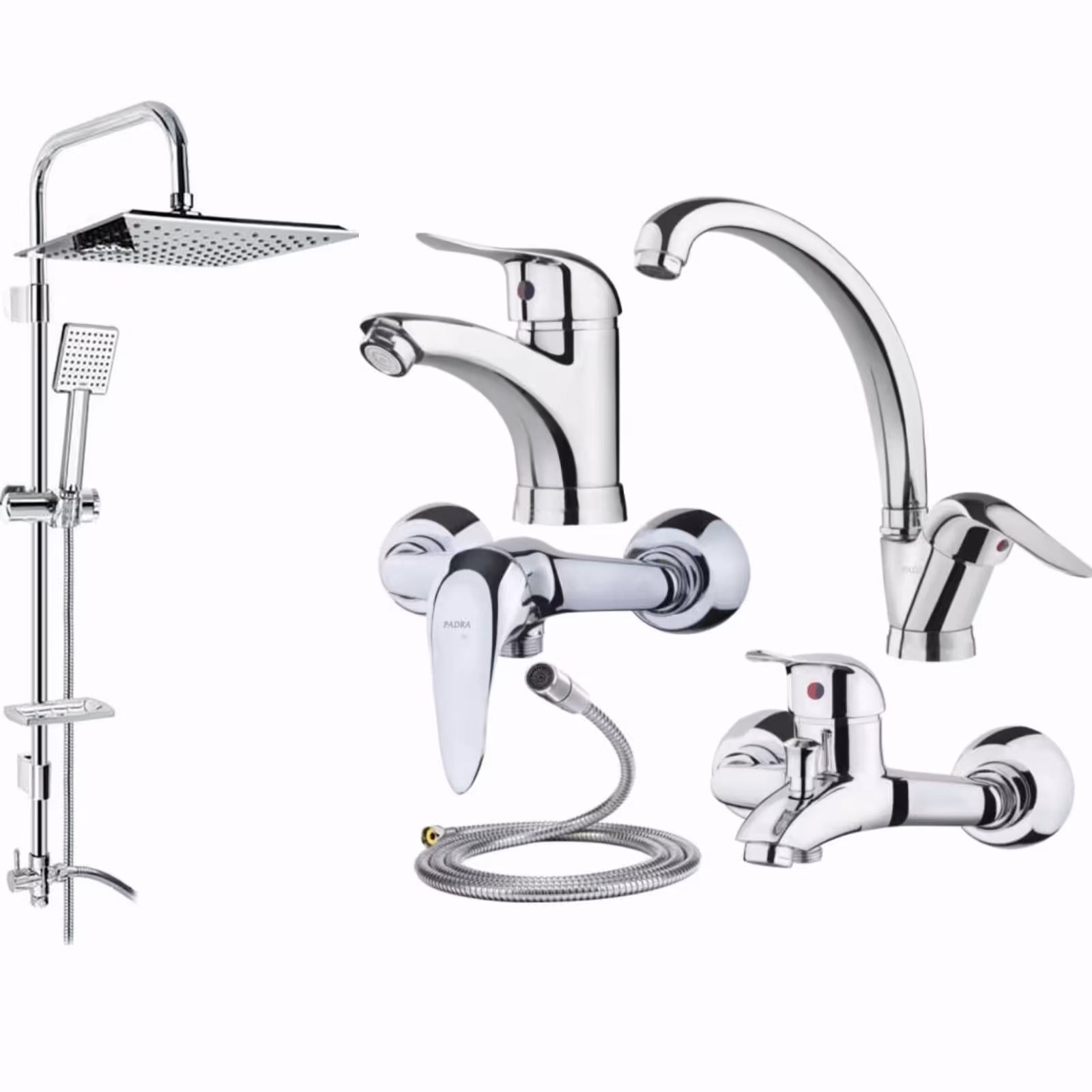 ست شیرالات اهرمی تنه سنگین استاندارد مجموعه 6 عددی به همراه علم دوش حمام دوکاره تمام استیل و شلنگ توالت 