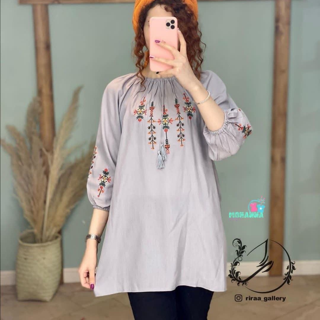 تونیک زنانه ابروبادی یقه کش دار یقه و آستین سه ربع گلدوزی شده فری سایز