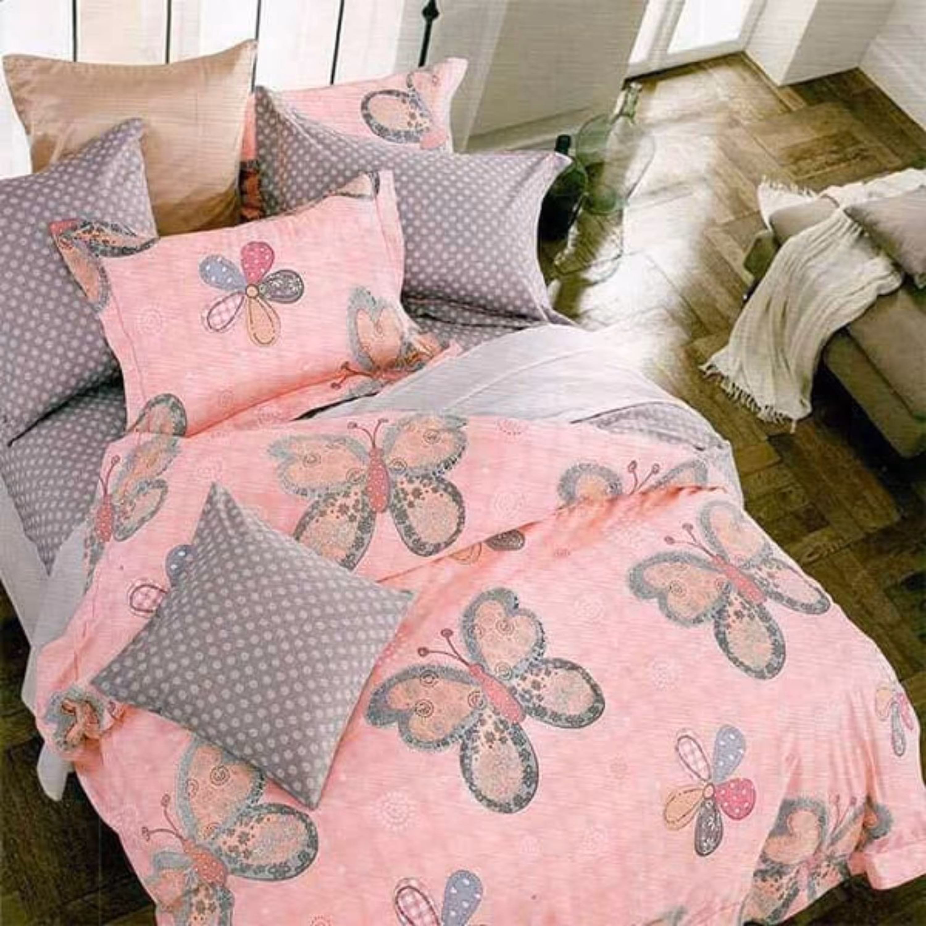 روتختی دونفره کتان شش تکه طرح پروانه صورتی