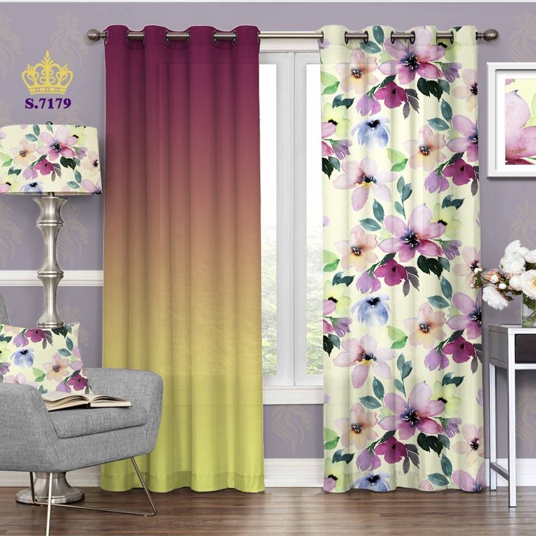 پرده پذیرایی دو قواره پانچ گلدار طرح گلهای بهاری کد S7179