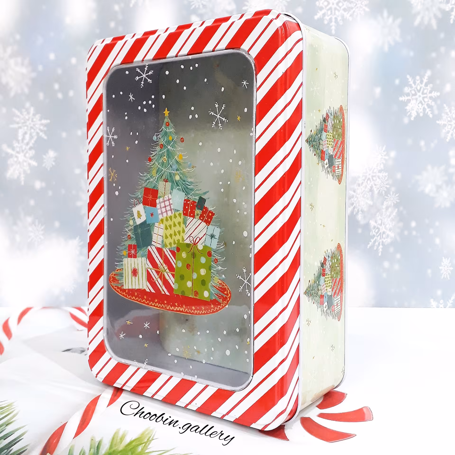 باکس هدیه فلزی مستطیل درب طلقی زمستانی طرح آدم برفی