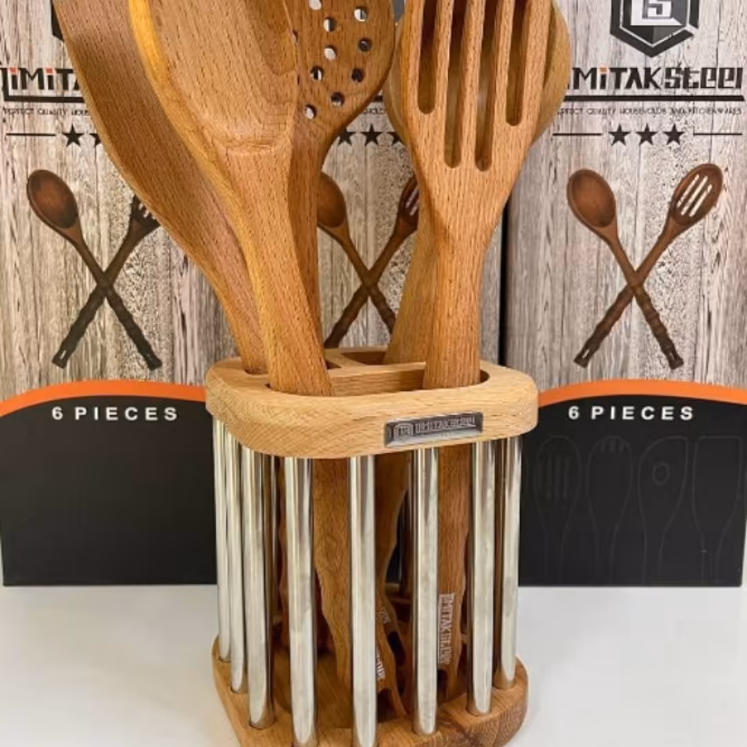 کفگیر ملاقه 6پارچه استند دار جنس چوب بامبو