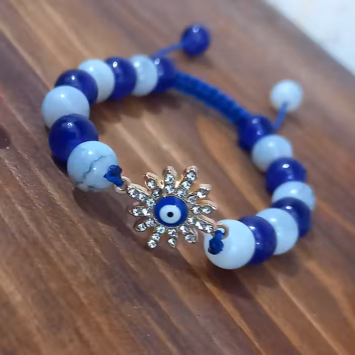 دستبند چشم نظر گره کشویی مهره های سنگی رنگ ثابت