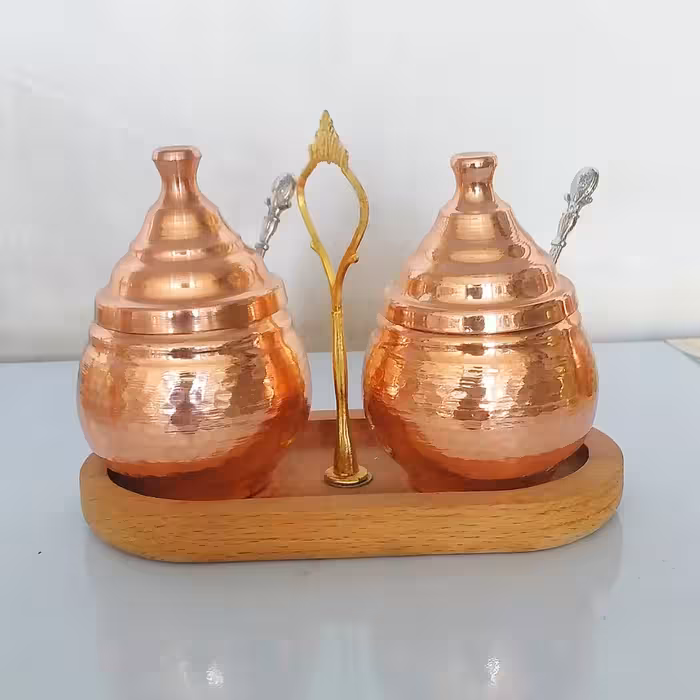 مربا خوری مسی دست ساز  زنجان کف چوبی و بدنه مسی قاشق دار