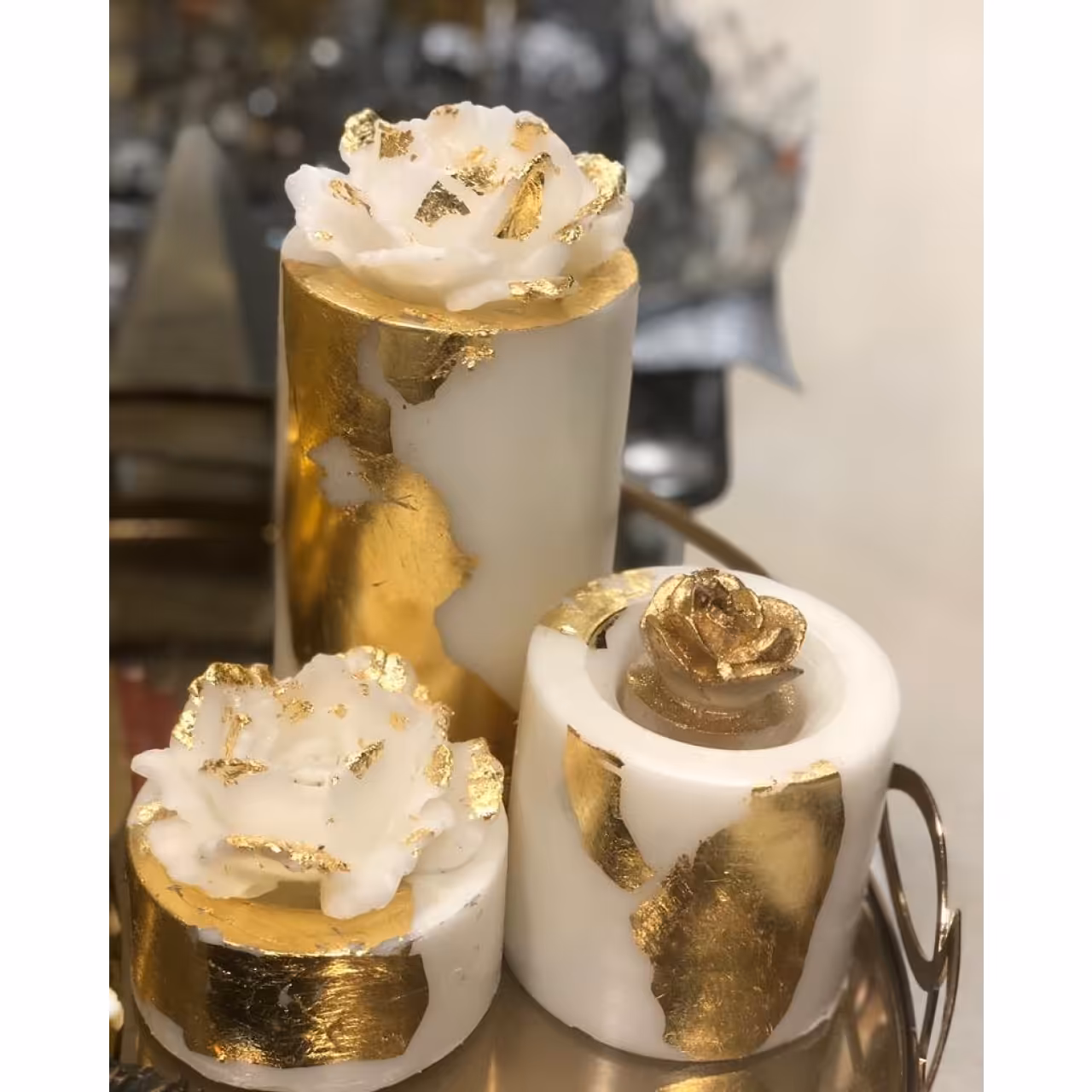 شمع 3 تیکه سفید و طلایی