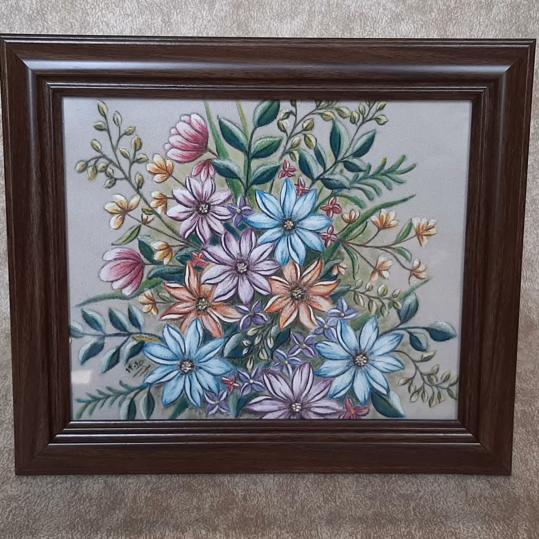 تابلوی نقاشی روی پارچه مخمل طرح گل1  افقی27 در 23 اثر شهره خاقان زاده