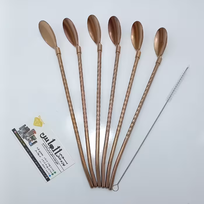 نی شربتی قاشق دار  استیل  رنگ مسی و مشکی همراه با فرچه. قاشق شربتی نی دار . نی قاشق دار ، پسکرایه