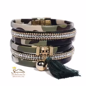 دستبند چند رشته سبز پلنگی با آویز ریش ریش BNG297G0