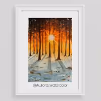 نقاشی غروبِ جنگلِ برفی تکنیک آبرنگ