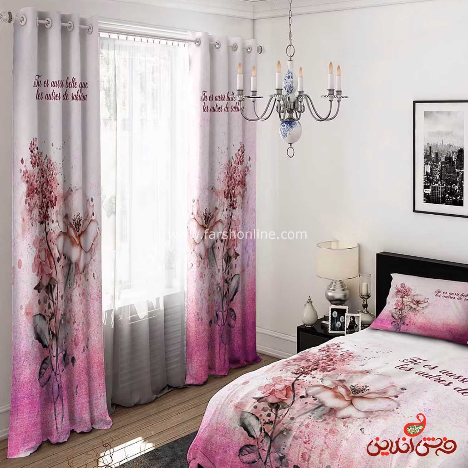 پرده 2 عددی کد 15297/1 طرح گل های صورتی