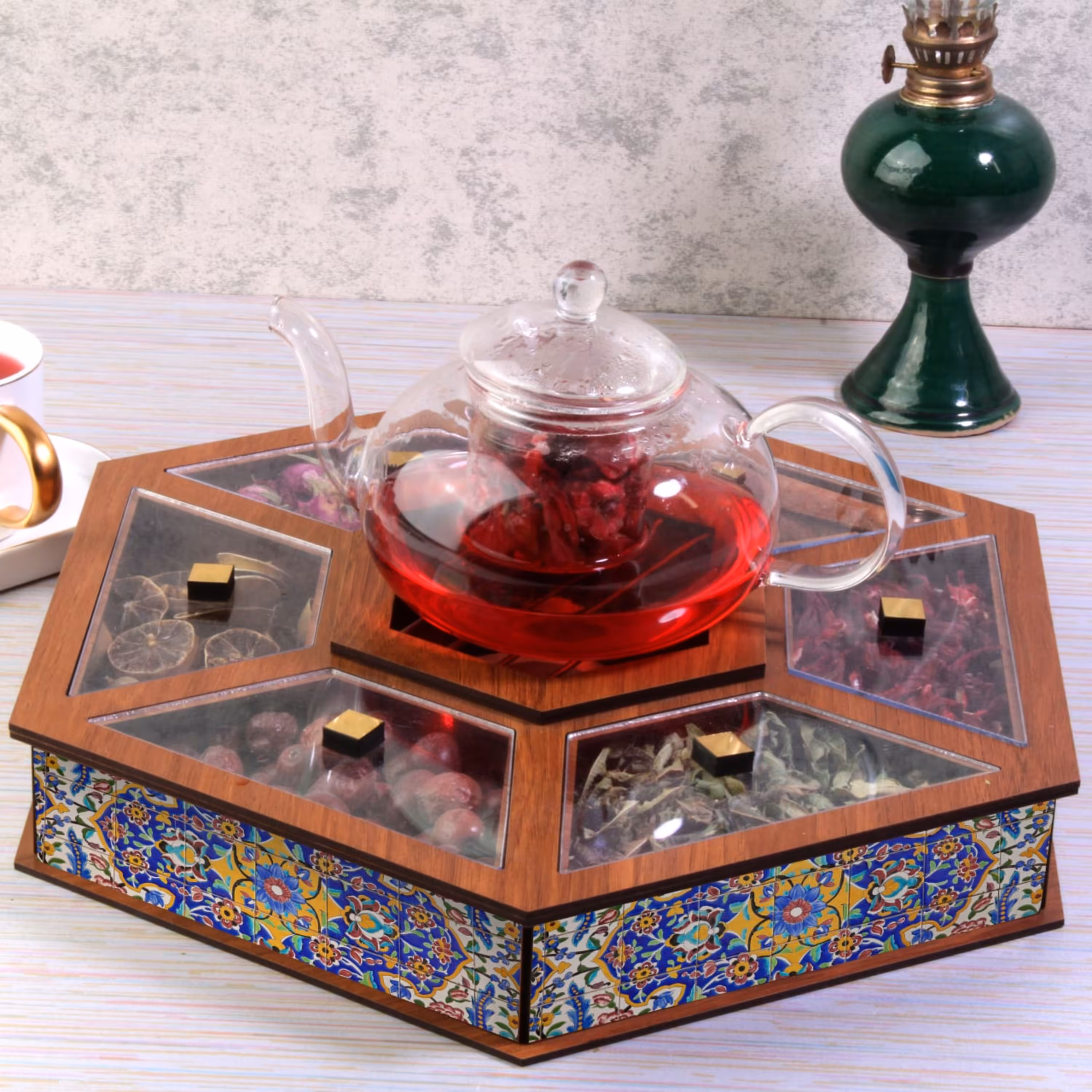 جعبه دمنوش 6 ضلعی وارمردار رنگ گردو روشن  کد 105