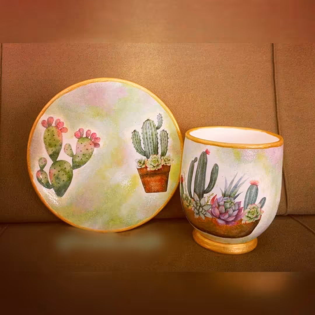 ست ماگ و بشقاب  سفالی طرح کاکتوس
