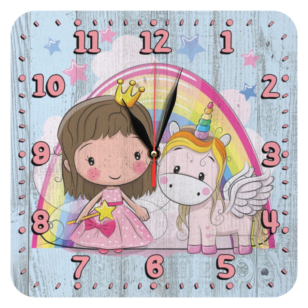 ساعت دیواری دخترانه طرح پرنسس و اسب تک شاخ