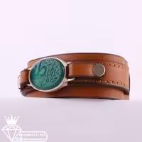 دستبندچرم طبیعی اصل نگین عقیق سبز خطی منقش به یا کریم آل طاها