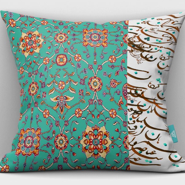 کاور کوسن مخمل 40x40 طرح  فرشخط فیروزه ای 2 آرت مان