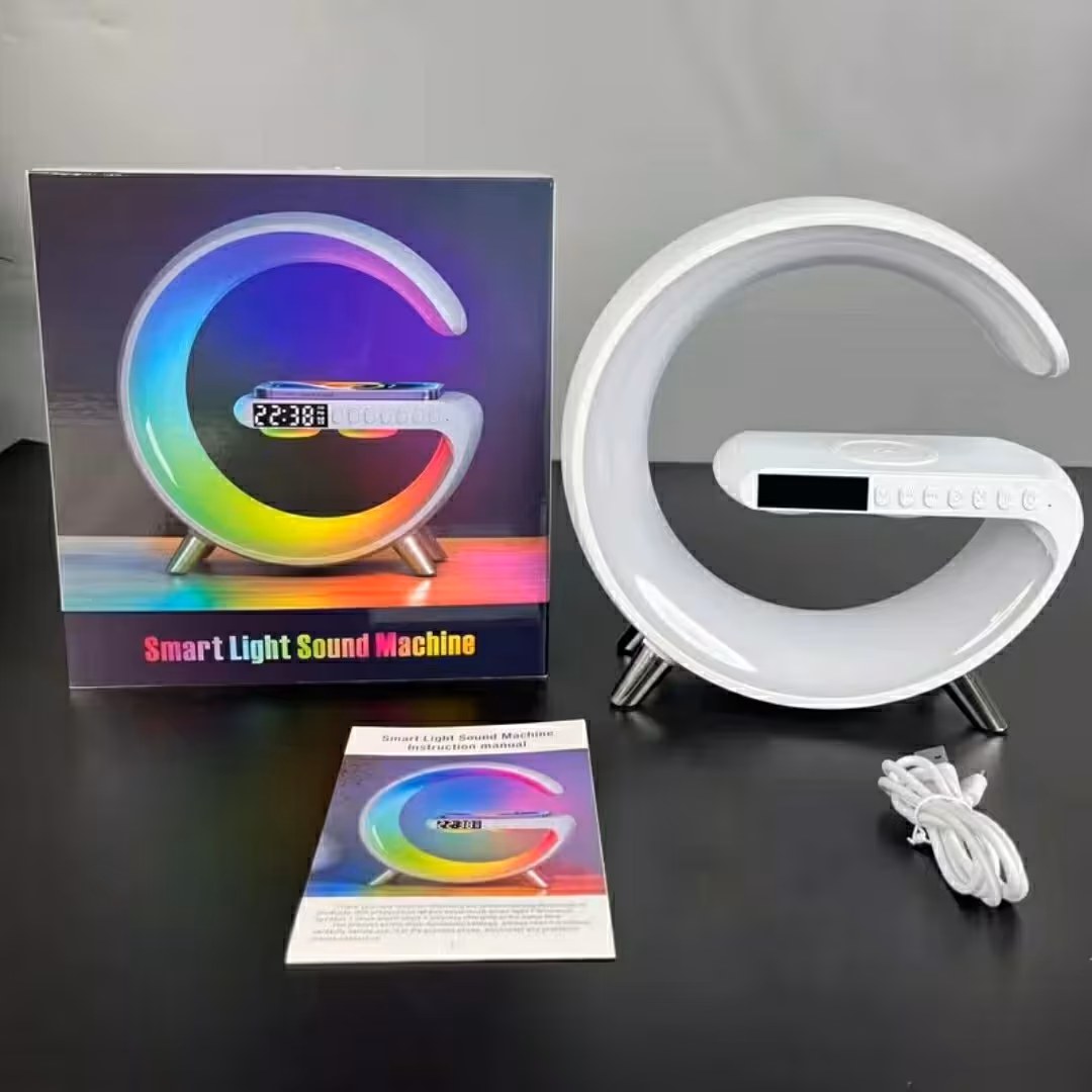 شارژر بیسیم وایرلس اسپیکر بلوتوثی چراغ خواب RGB ساعت رومیزی امکان برقراری تماس 5 تا 15 وات سایز بزرگ جی لامپ n69