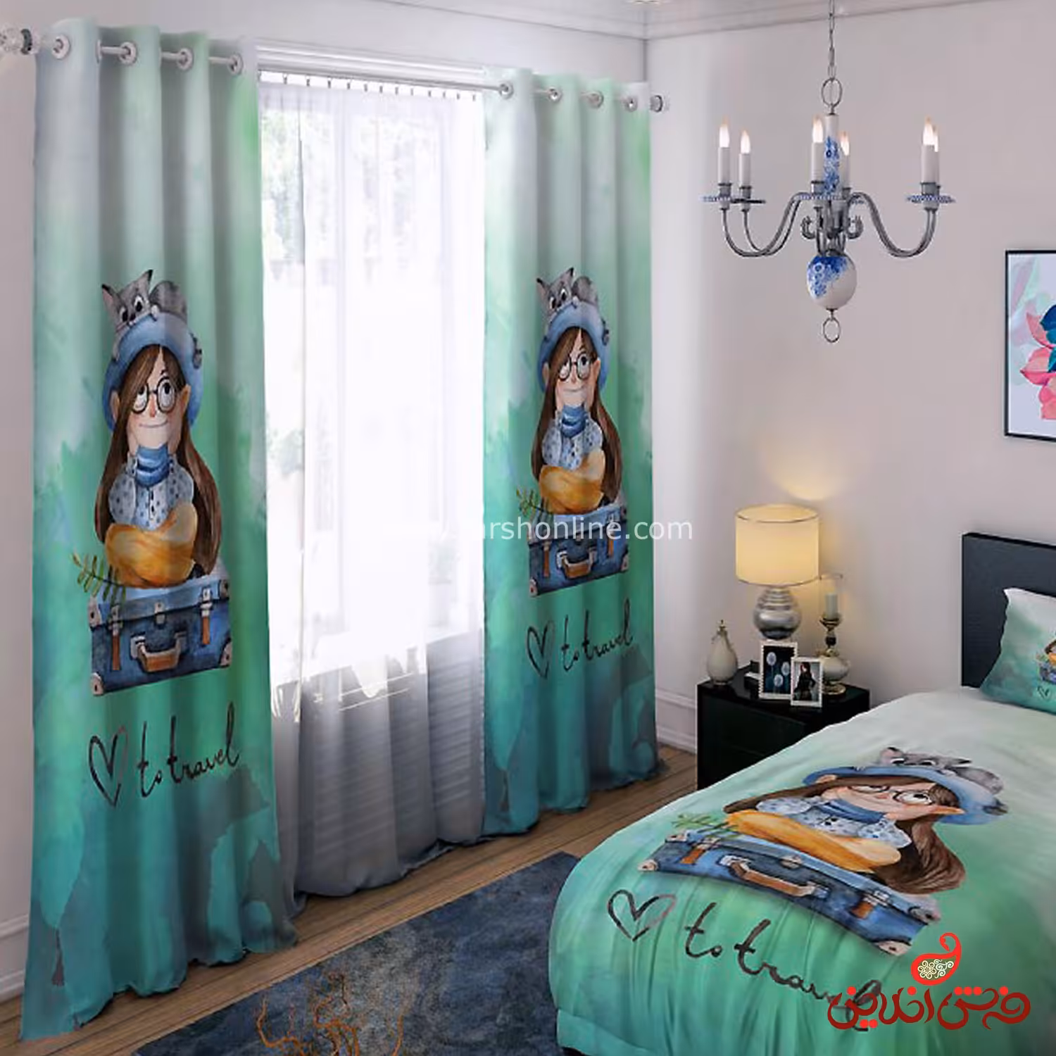 پرده 2 عددی کد 15593/1 طرح دختر و چمدان