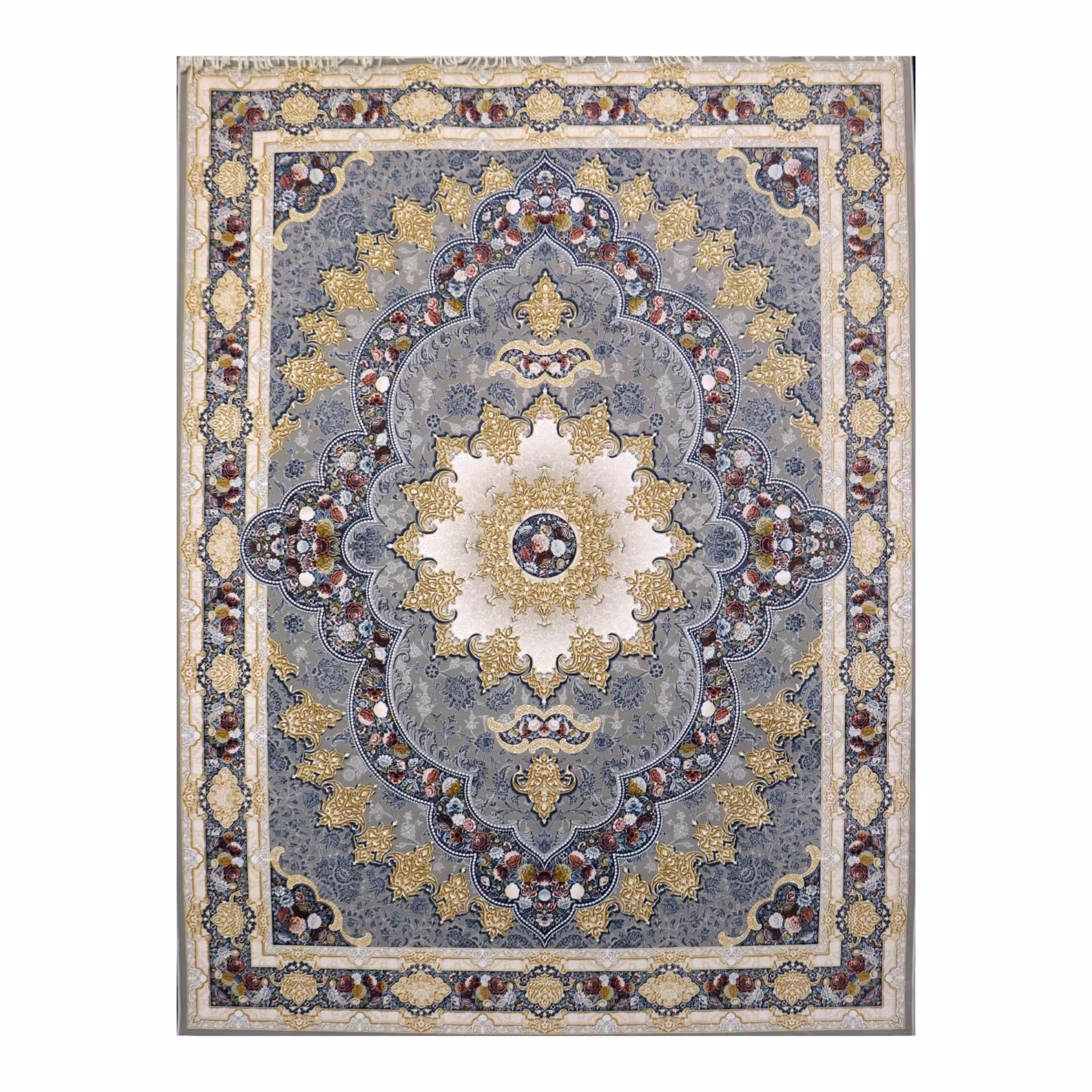 فرش  اکرلیک  12 متری 1200 شانه گلبرجسته طلاکوب طرح آروانا رنگ نقره ای