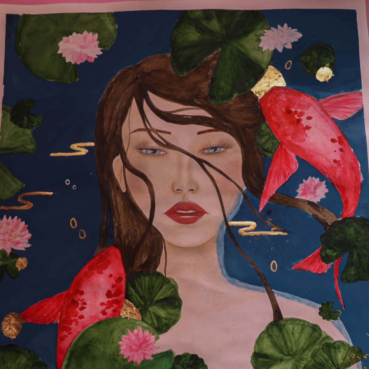 نقاشی آبرنگی دختری در برکه