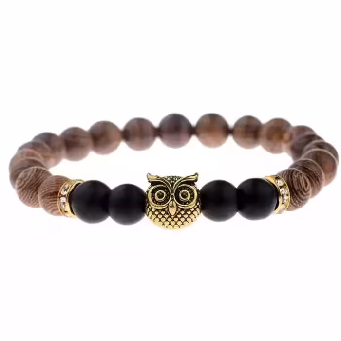 دستبند کشی ترکیبی از سنگ و مهره چوب زیتون طرح جغد معروف به دستبند آگاهی مناسب خانم ها و آقایان