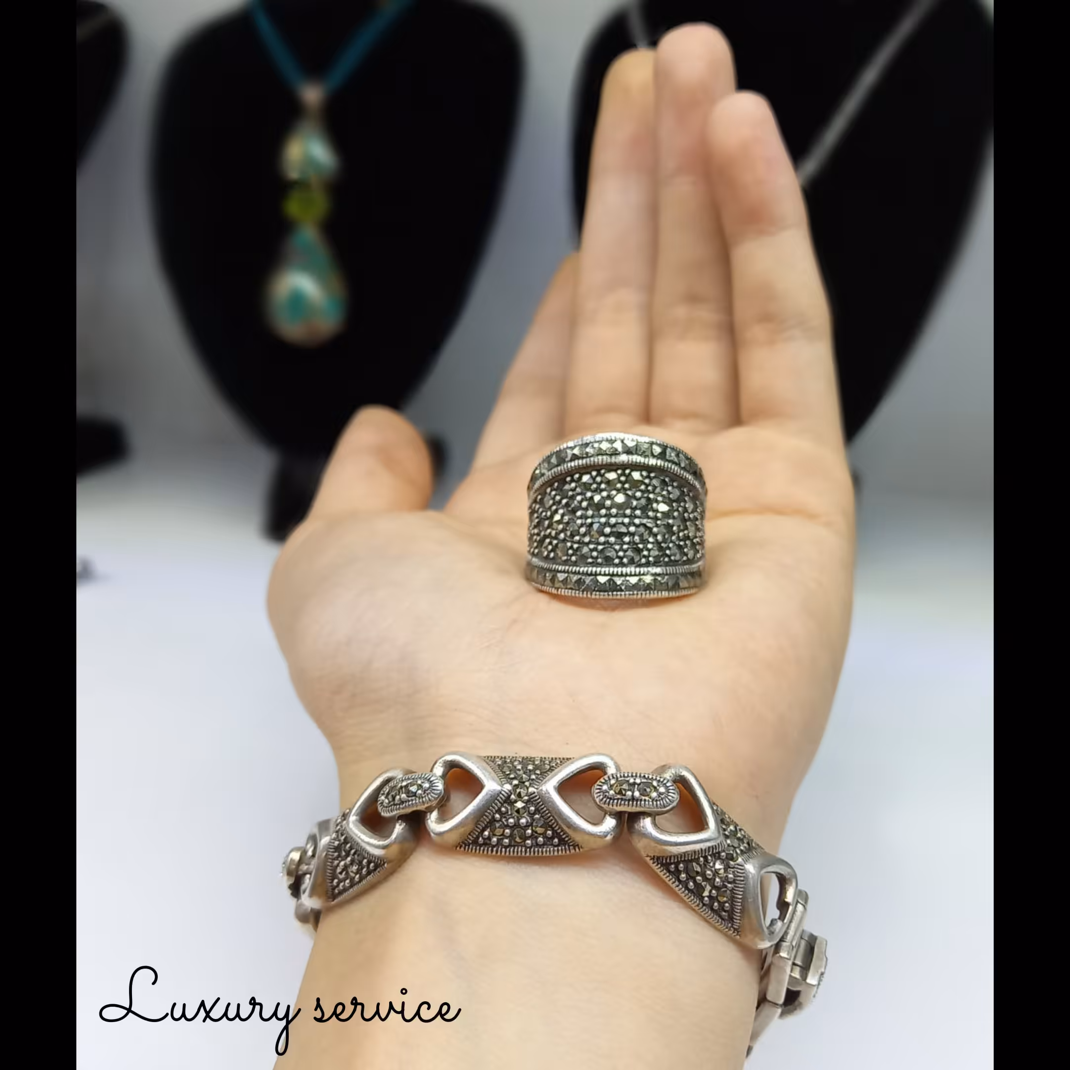 ست انگشتر و دستبند نقره 925 عیار ترکیه سیاه قلم