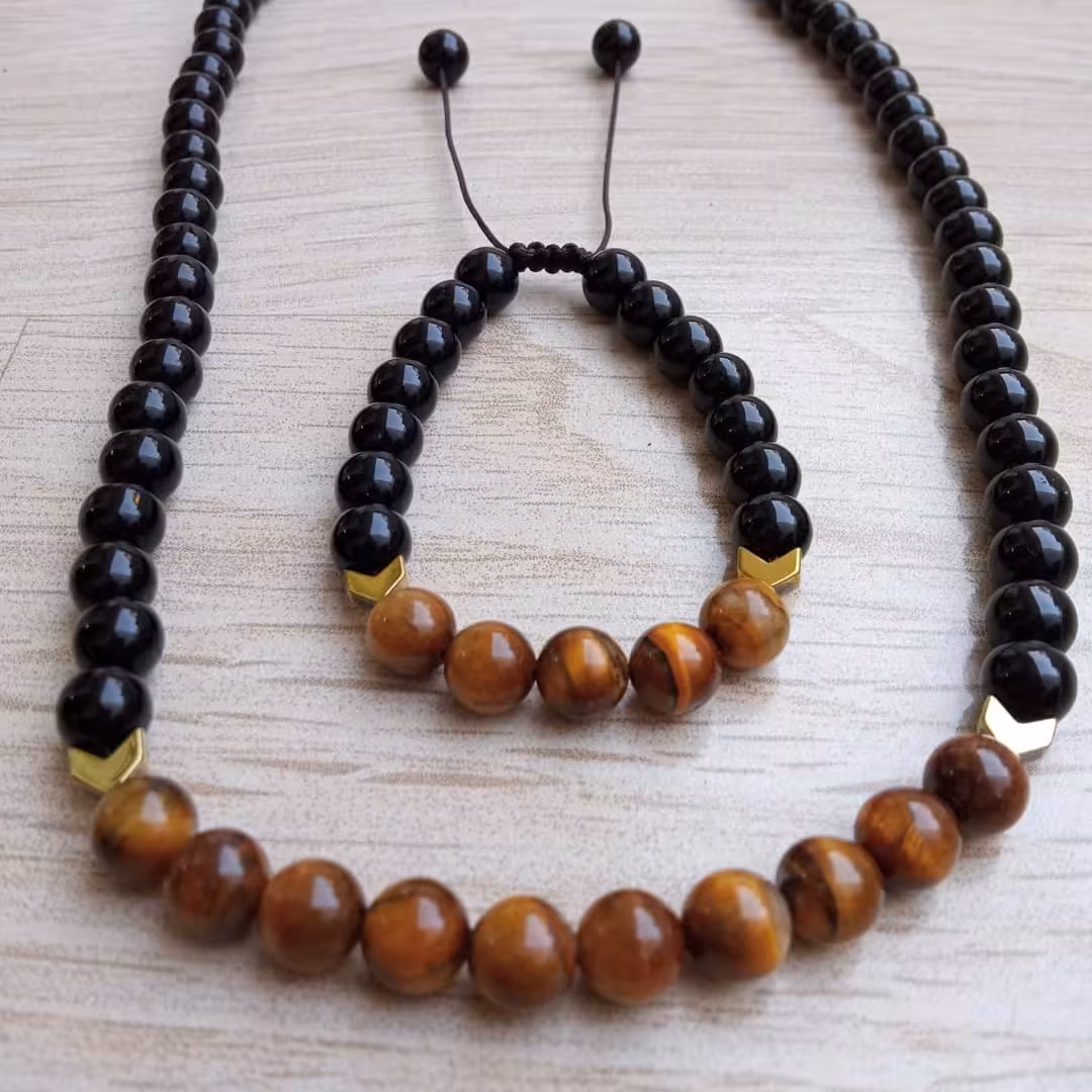 ست گردنبند و دستبند چشم ببر و اونیکس و حدید