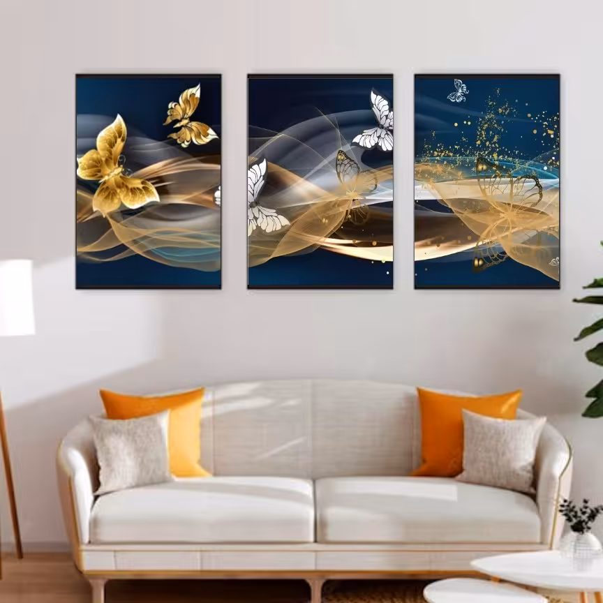 تابلو دکوراتیو فانتزی پروانه های سفید وطلایی سه تکه 