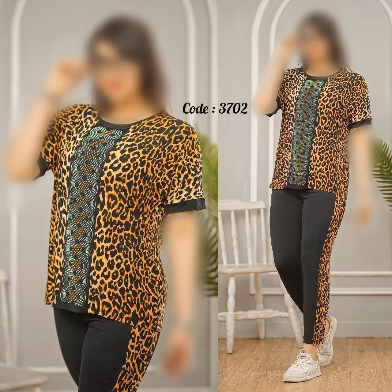 ست ورزشی سایز بزرگ ست باشگاهی ست تیشرت و شلوار قواره بزرگ ورزشی و باشگاهی جنس فلامنت گرم بالا آستین کیمانویی طرح پلنگی 2