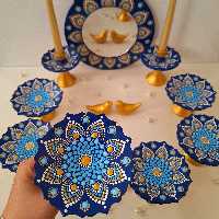 هفت سین سفالی 9 تکه، تماما دستساز، تکنیک دات ماندالا، رنگ ثابت
