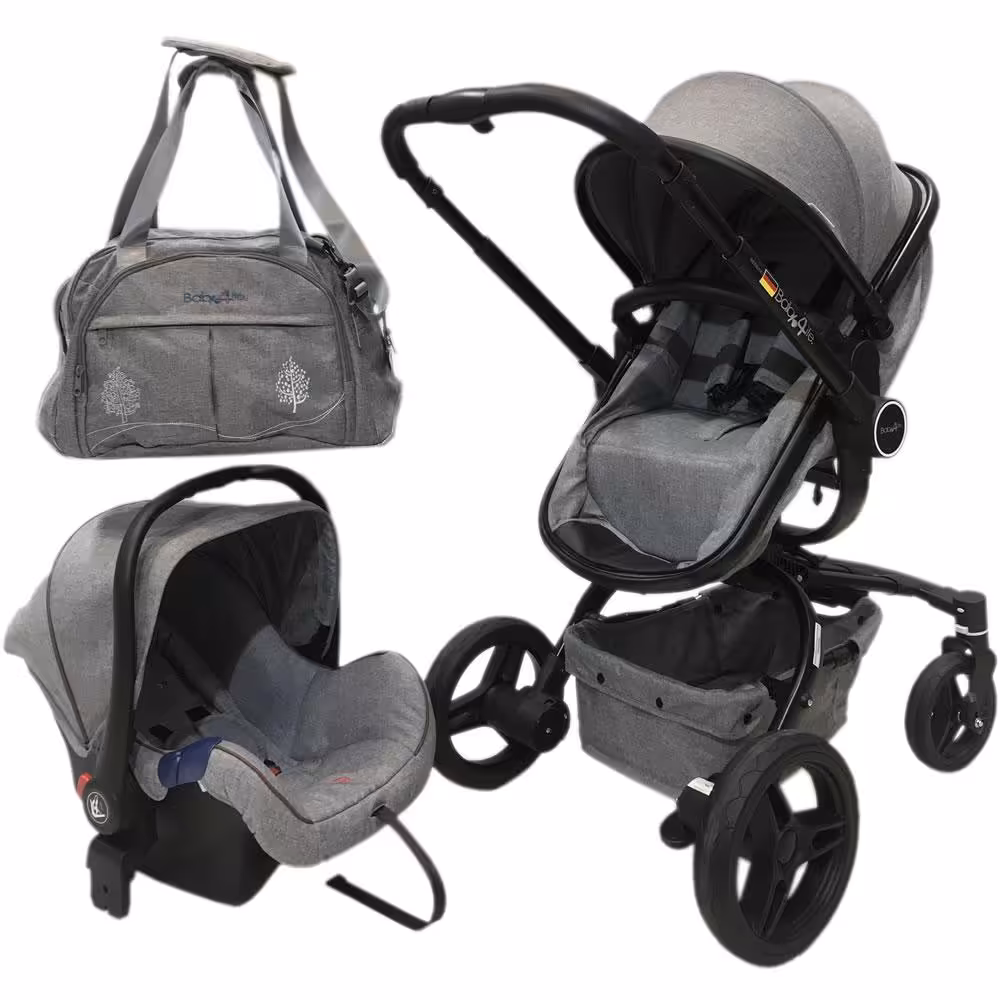 سرویس کالسکه و کریر 360 درجه همراه با ساک لوازم طوسی بیبی فورلایف Baby4Life