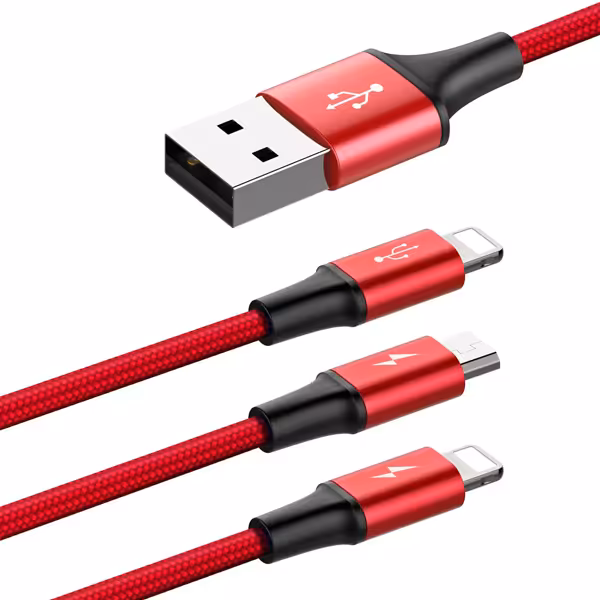 کابل شارژ 3 سر میکرو , لایتنینگ و تایپ سی باسئوس Baseus Rapid Series 3-in-1 Cable Micro Lightning Type-C 3A 1.2M Red
